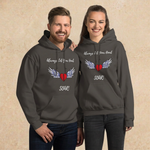 Charcoal Heritage Hoodie with warm stone background