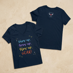 Front and back navy tees arranged in one continuous flat-lay scene
