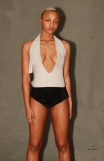 "Madison" V-neck Grey and Black Tie Back One- Piece Swimsuit