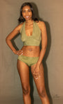 "Nicole" Green Two-Piece halter top Scrunchie back bikini